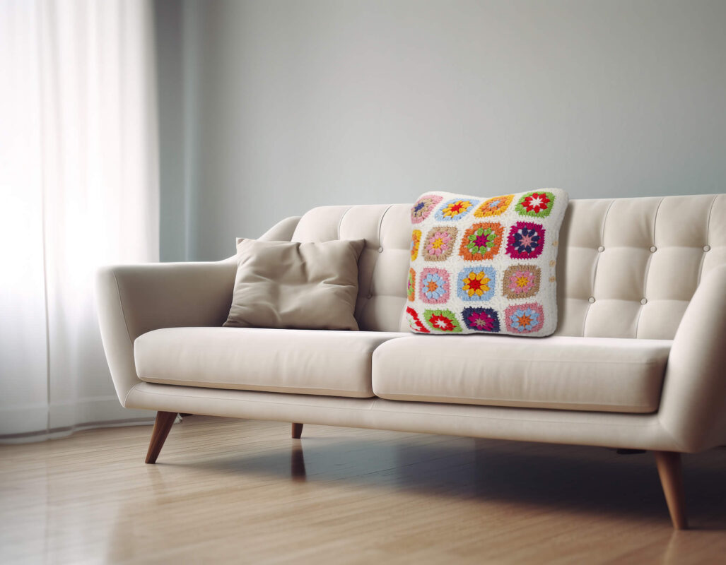A granny square pillow cover on sofa